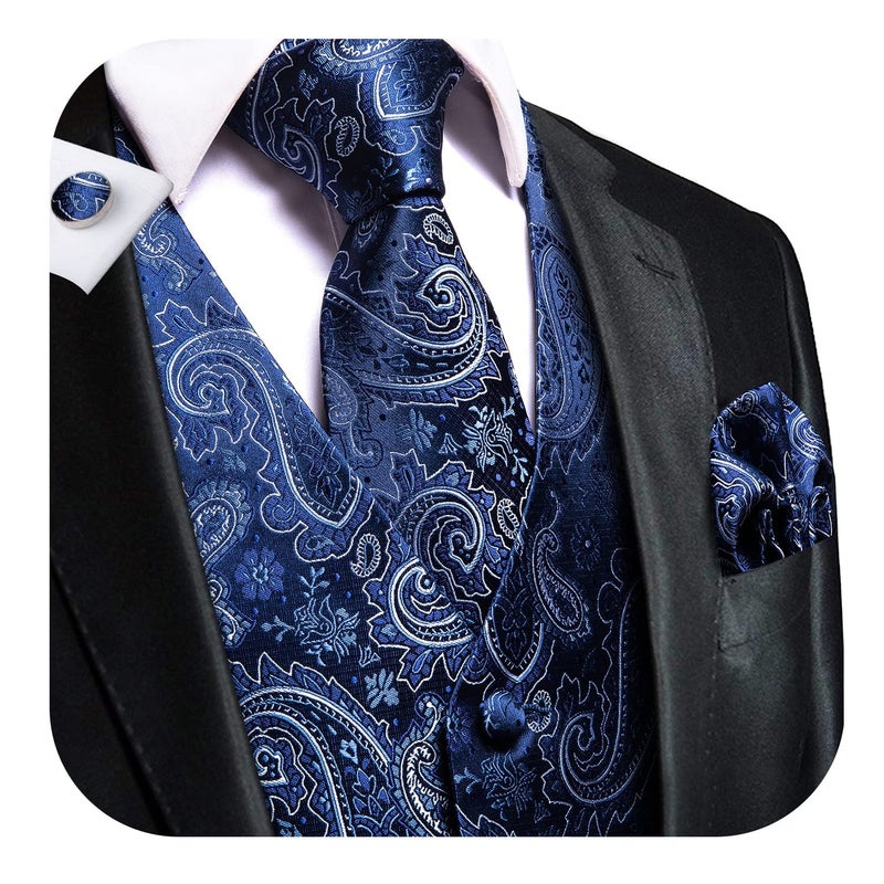 Hi-Tie Paisley Blue White Mens Silk Vest Set and Tie Handkerchief Jacquard Formal Dress Waistcoat for Tuxedo Wedding Party Business - Image 2